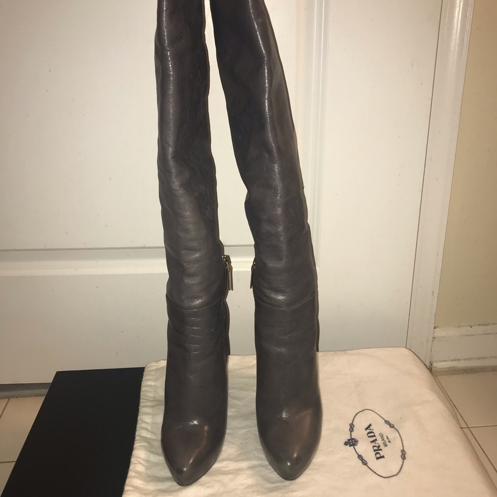 Gray leather Prada knee boots
